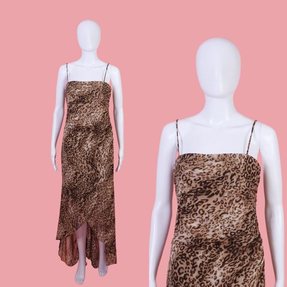 1990s-Y2K ONYX NITE LEOPARD  Print Formal Dress with Asymmetrical Hem. S-M